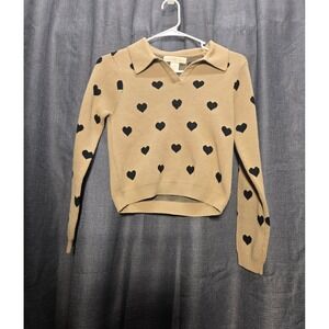 Coco & Shay Heart Print Polo Sweater‎ Cute Knit Top Tan Black Size S